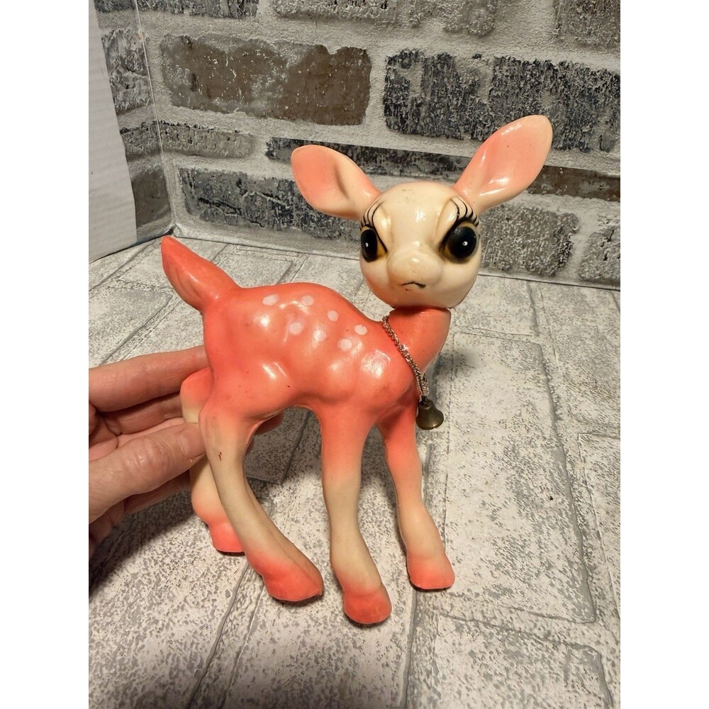Vtg Mid Century Pink Vinyl Swivel Head Deer Figurine Big Eye Fawn Kitsch Japan